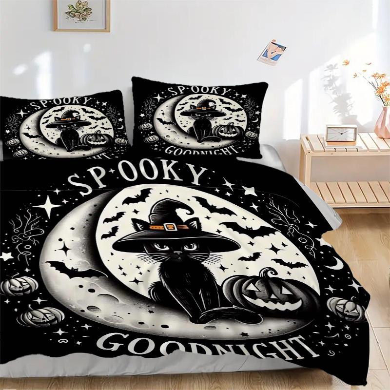 3pcs Shining Moon & Wizard Black Cat Goodnight Bedding Set, Including 1 Quilt Cover and 2 Pillow Shams, Without Filling, Soft and Comfortable Hom