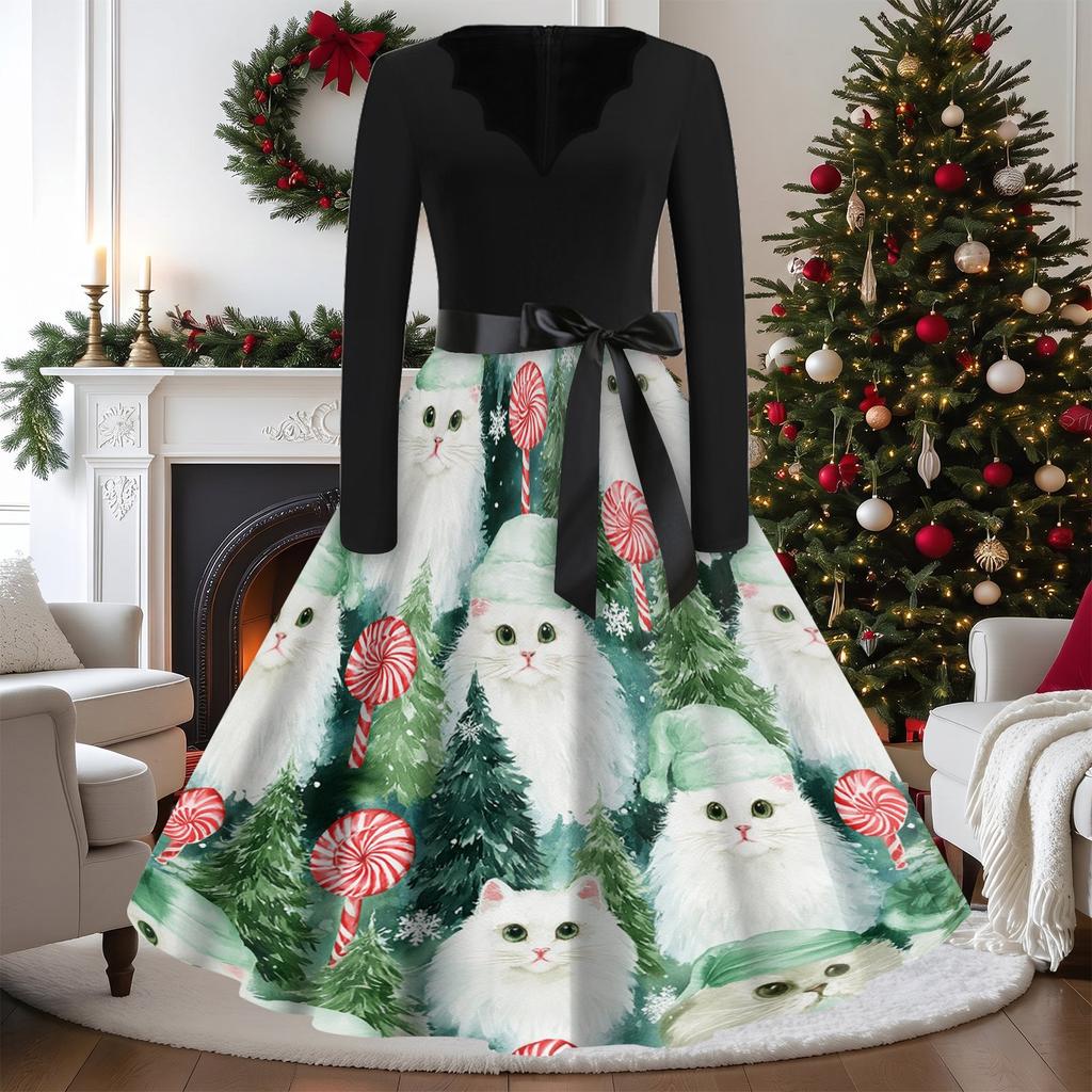 Women's Casual Vintage V-Neck Long Sleeve Dress with Christmas Print