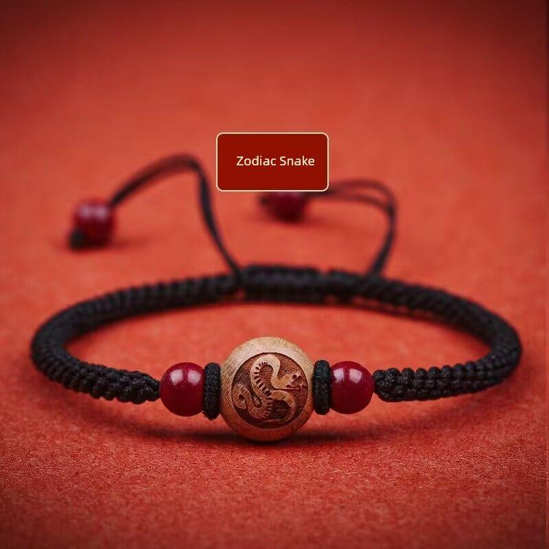 Peachwood Zodiac Red Rope Bracelet Men's Lucky Beads Woven Hand Strap Girls Kids Natural Cinnabar Bracelet Snake
