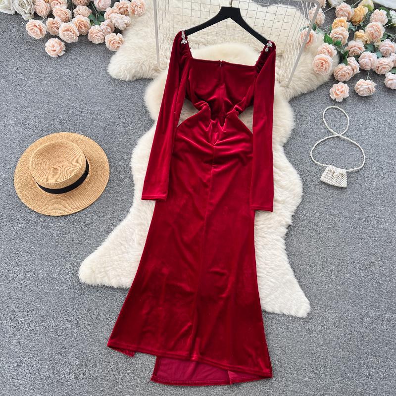 Elegant Square Neck Velvet Split Dress Women Solid Long Sleeve Chic Vintage Clothes Female Korean Fashion Ceremonial Midi Dresses 2024