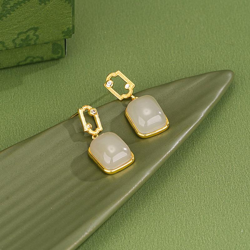 Tichiya S925 Silver Hetian Jade Earrings - Chinese Style Light Luxury for Women 925 Sterling Silver