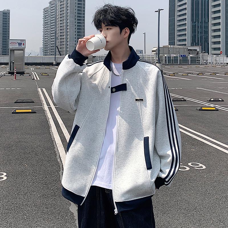 

Men s Oversized Patchwork Striped Cardigan Hoodie, Autumn/Winter Velvet-Lined Casual Top XL