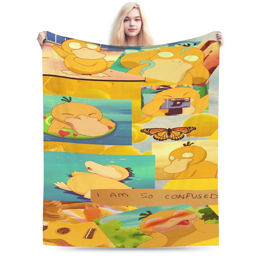 Warm Blanket Travel Office Manga Psyduck Printed Throw Blanket Pokemoned Flannel Bedspread For Outdoor Funny Sofa Bed Cover