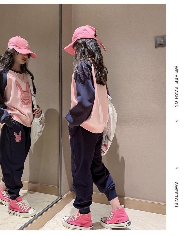Girls' Colorblock Cartoon Sportswear Set: Spring/Autumn Long-Sleeve Top & Loose Pants