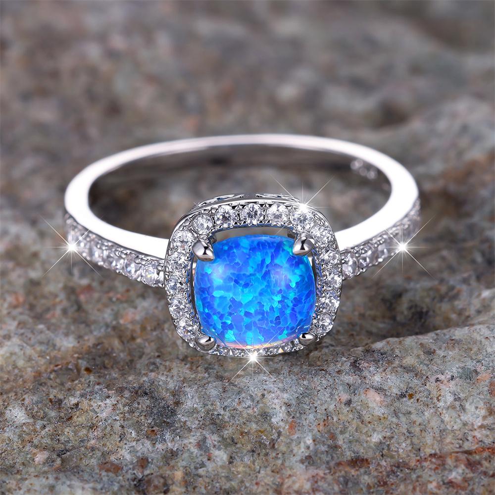 Blue Opal Square Engagement Ring White Round CZ Stone Wedding Rings For Women Color Jewelry Simple Fashion Accessory Gift