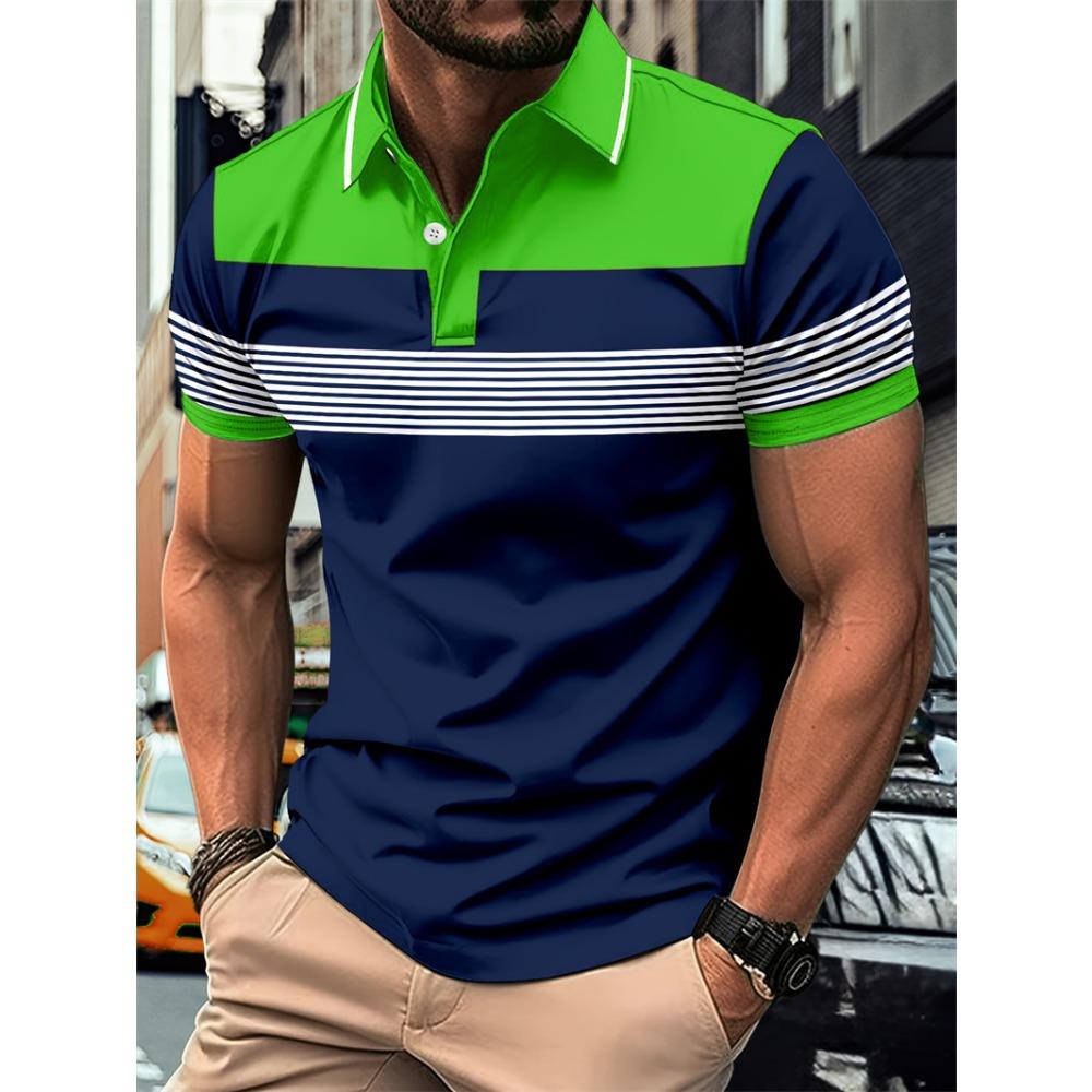 Summer Striped Pattern Short Sleeve Men's Fashion Lapel Polos Shirt 3D Printed Street Polo Button Tops Oversize Casual Tees