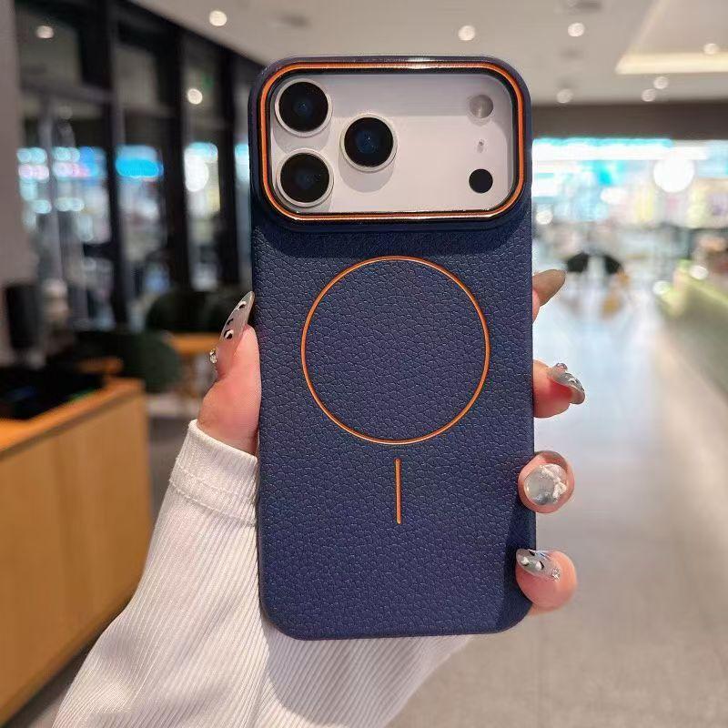 Apple 17promax thin ring magnetic mobile phone case iPhone16 large hole 15 lychee pattern 14 anti-drop 13 protective case