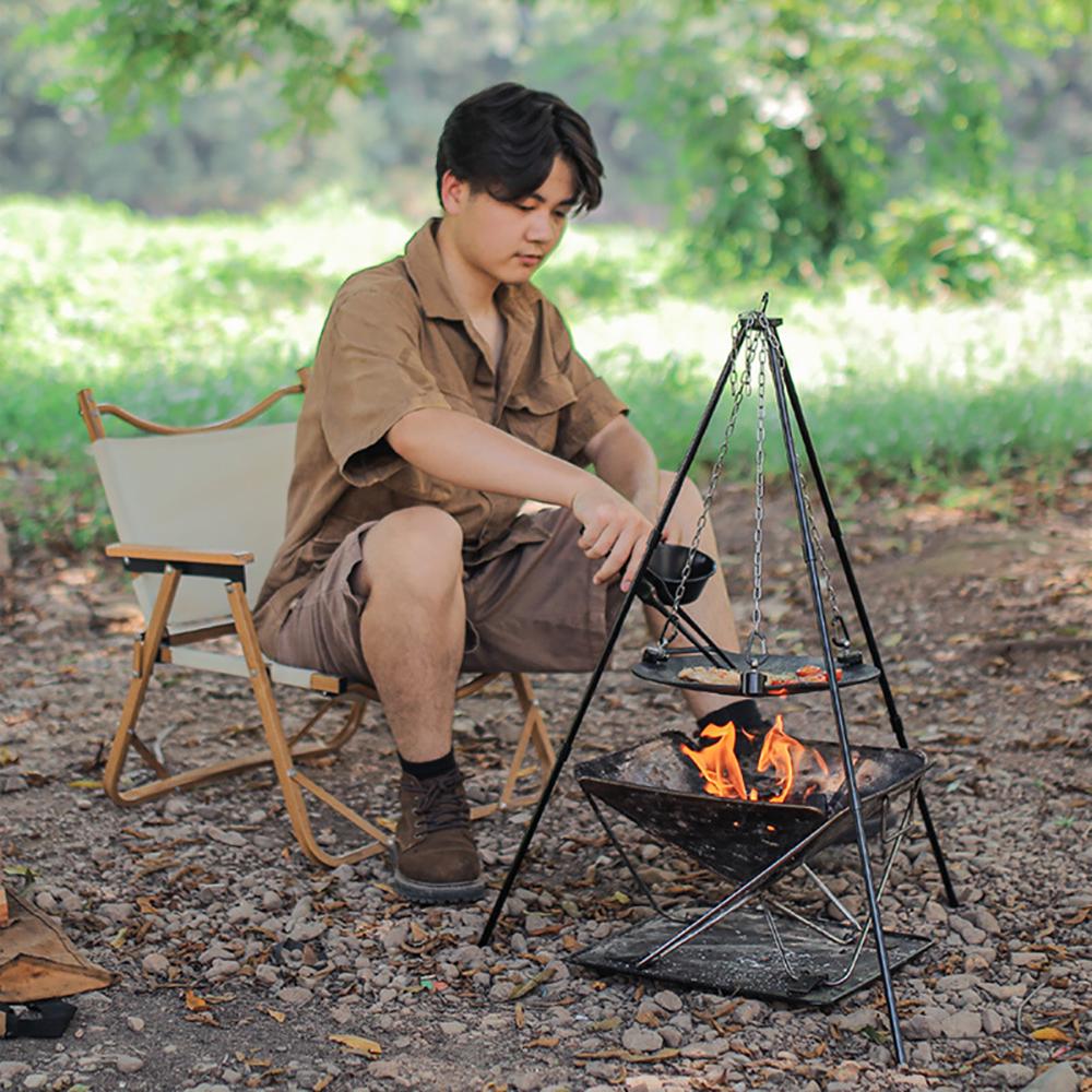 Outdoor BBQ Triangular Bracket Multifunctional Detachable Grill Pot Rack Portable Adjustable with Chain Outdoor Camping Supplies