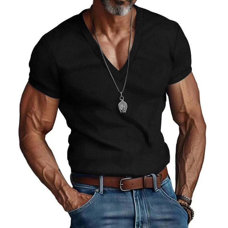 Herren Rippstrick V-Ausschnitt Kurzarm Slim Fit Lässig Einfarbiges T-Shirt