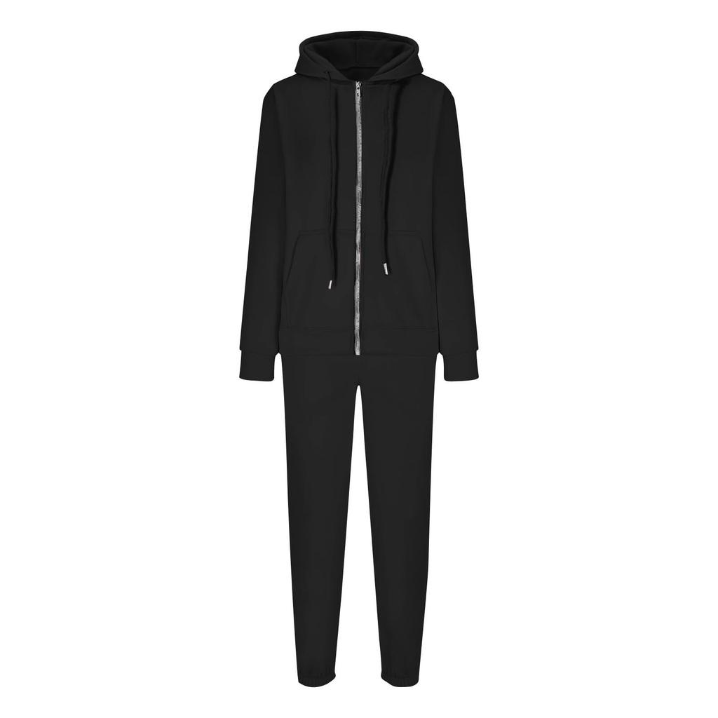 Women's Fashion Hooded Long Sleeve Color Zipper Elastic Waist Loose Sweatshirt Set