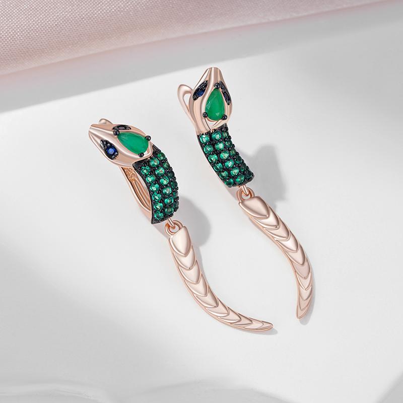 Modern Snake Tail Dangle Earrings Black & Rose Gold Color English Earrings Green Zircon Jewelry Edgy Women's Accessories