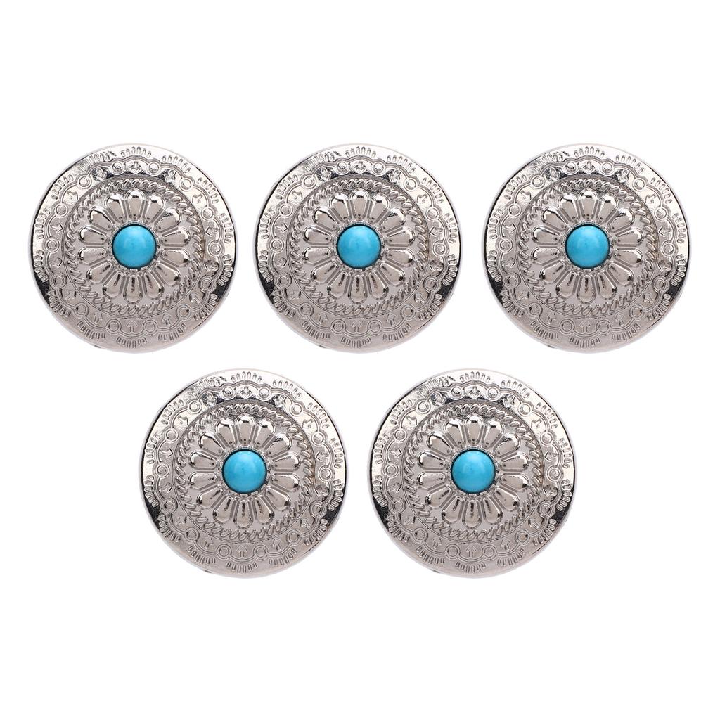 5 Sets Screw Back Button Silver Flower Blue Turquoise 30mm Round Shape Conchos with 4.5mm Screws for Leather Crafts