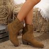Embroidery Western Cowboy Boots Women Autumn New Pu Leather Square Heel Ankle Boots Woman Slip-On Med Heel Chelsea Botas Mujer