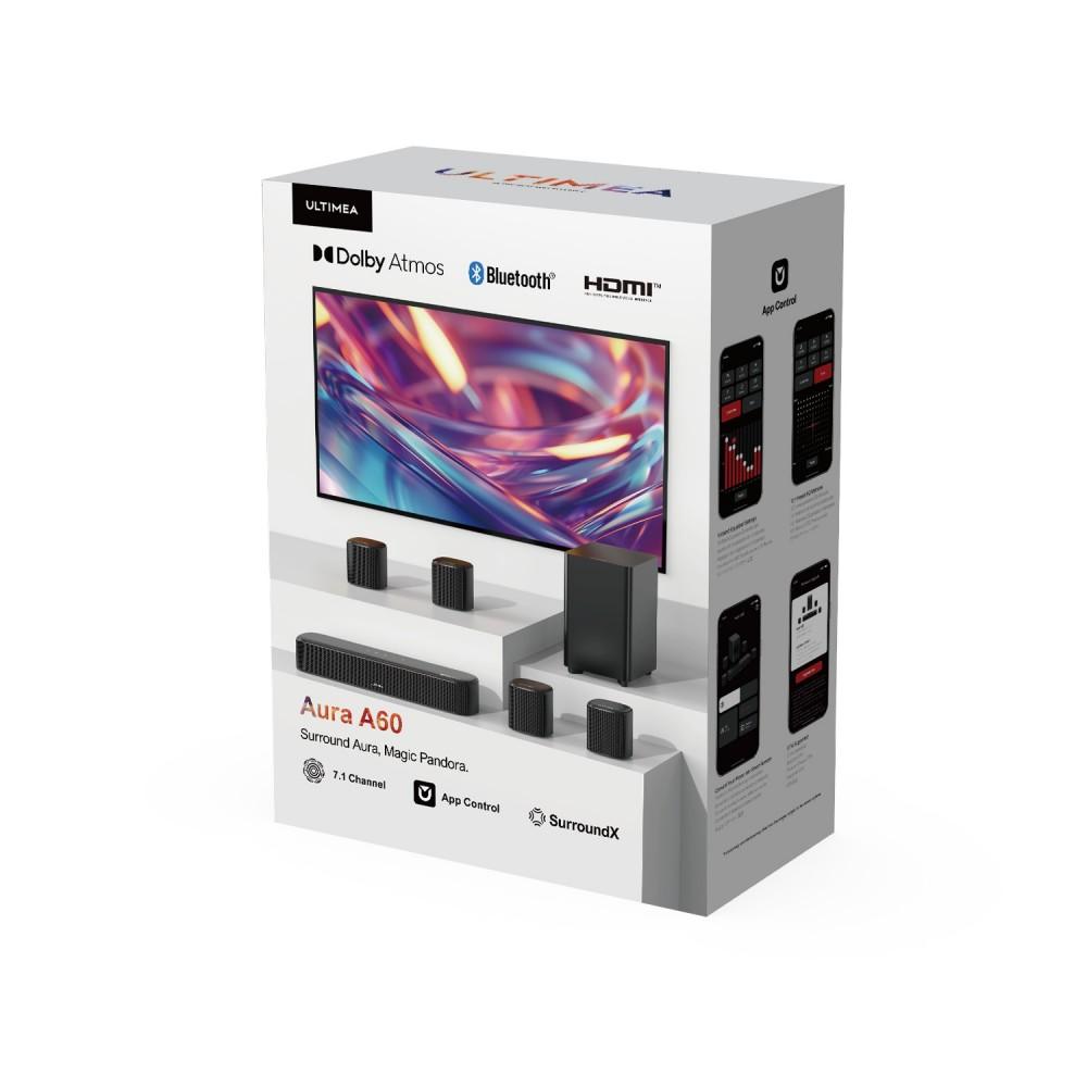 Ultimea Aura A60 7.1 Soundbar, Smart APP & Sprachsteuerung, BassMX-Technologie, 350W Spitzenleistung, HDMI eARC, 4 Surround-Lautsprecher, für Smart-TV, Schwarz