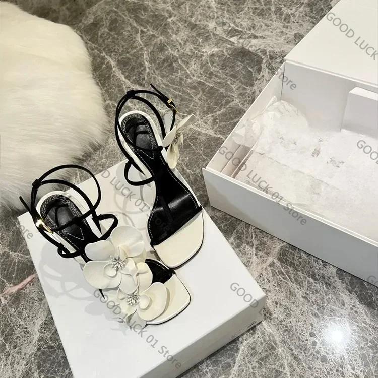 Fashion Flower T-Tied Women's Sandals Square Toe Stiletto Side Air Slingback High Heel One Word Belt Buckle Strap Elegant Shoes Wedding