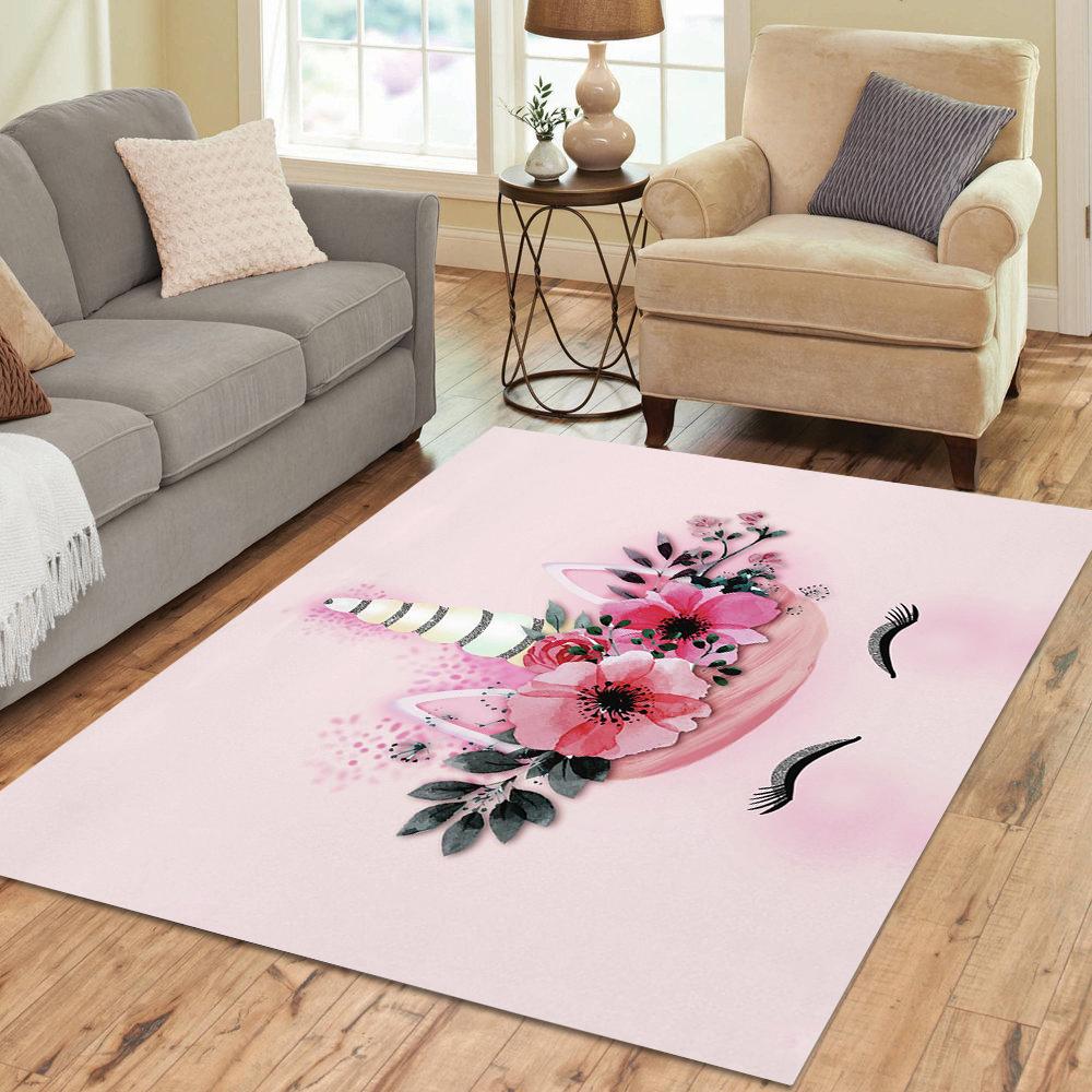 Cute Unicorn Carpet Cartoon Magical Animal Indoor Floor Mat Colourful Floral Area Rug for Kids Girls Living Room Decor Doormat