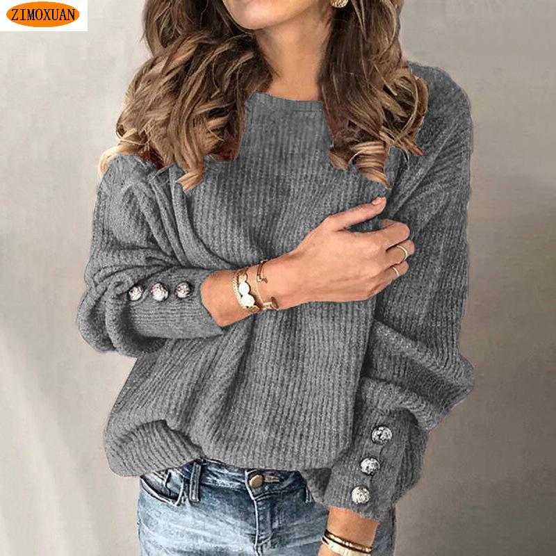 New Arrival Buttoned Women's Knit Sweater Loose Round Neck Casual Pullover