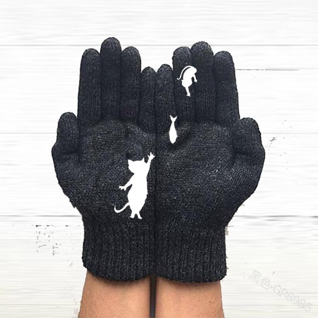 Ladies Woolen Gloves  And Winter Outdoor Warm Cat Printing Gloves