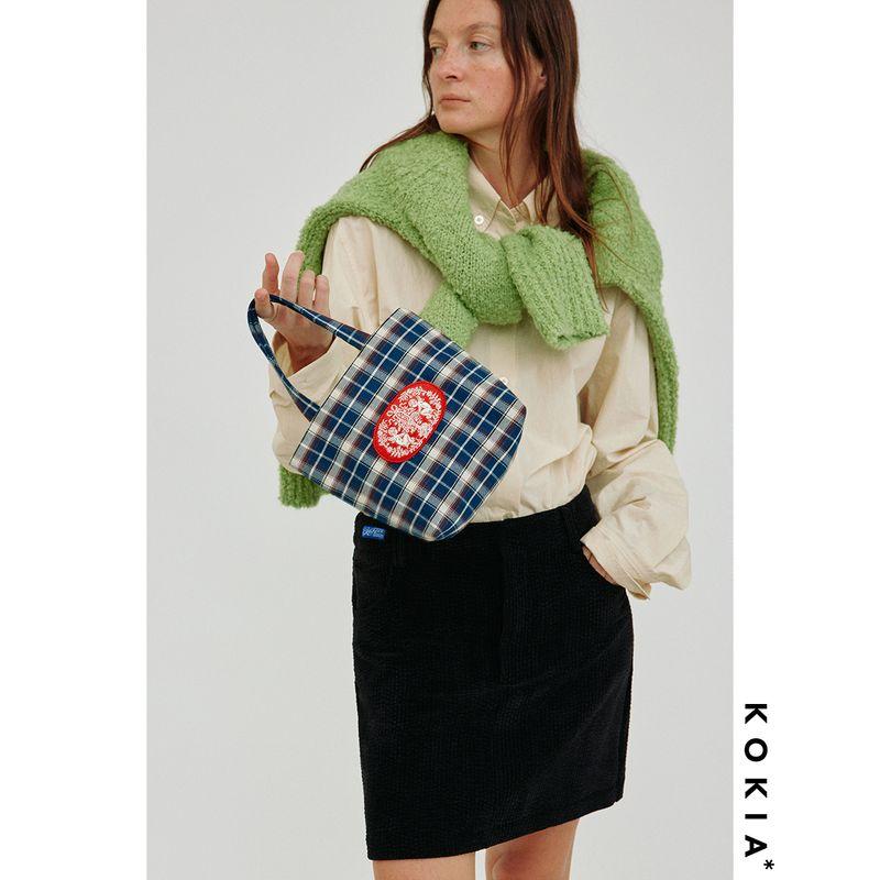 

Kokia In Stock Texture Plaid Angel Embroidered Mini Canvas Handbag Cute Small Cloth Bag