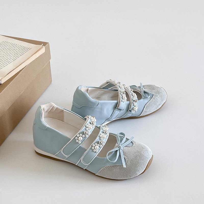 Niche design sense ballet style pearl Mary Jane shoes women's summer fashion bow rhinestone square head casual shoes