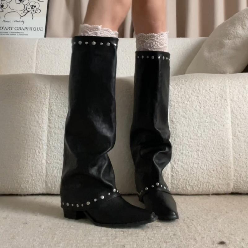 

Cowhide version~ Lazy leather riveted trouser boots women s retro pointed Maillard brown but knee knight boots 35