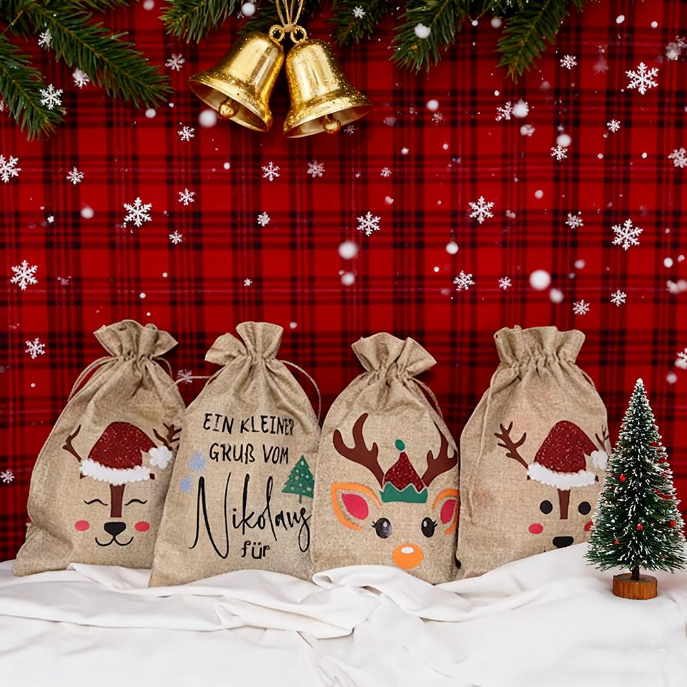 4 Stück Weihnachten Jute Geschenktüte Weihnachtsmann Kordelzug Geschenktasche Weihnachtsverpackung Rentier Weihnachten Party Dekoration Socke Mitgebsel Neues Jahr