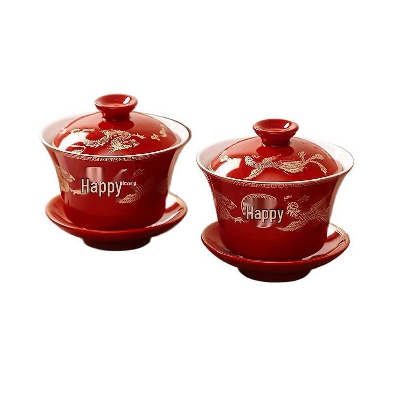 Wedding Tea & Chopstick Set: Red Bowls for Toasting & Happy Celebrations.