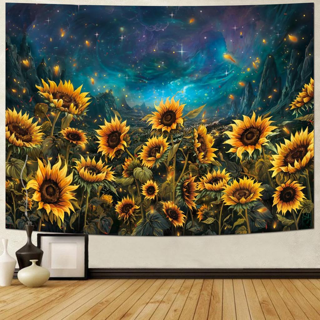 Heynvioo Sunflower Tapestry Galaxy Space Tapestry Fall Yellow Floral Plants Tapestries Starry Sky Mountain Nature Tapestries Wall Hanging for Home