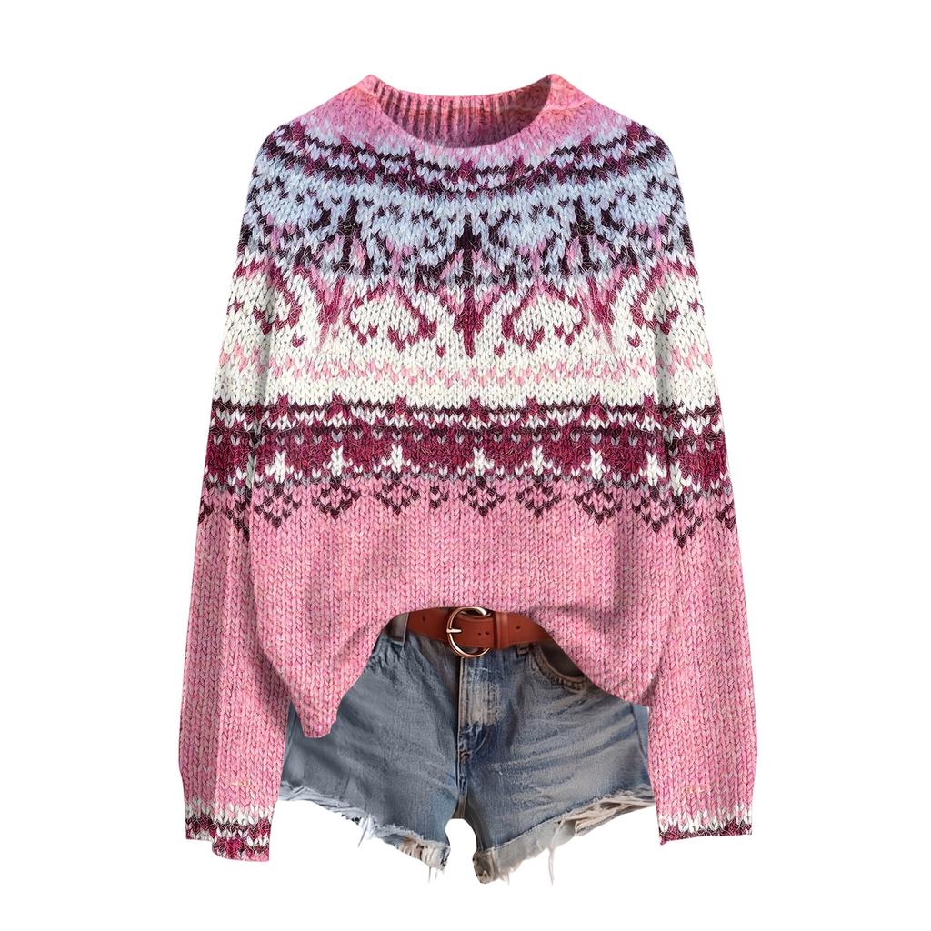 Women's Casual Long Sleeve Round Neck Soft Printed Sweater Pullover for Fall Winter
