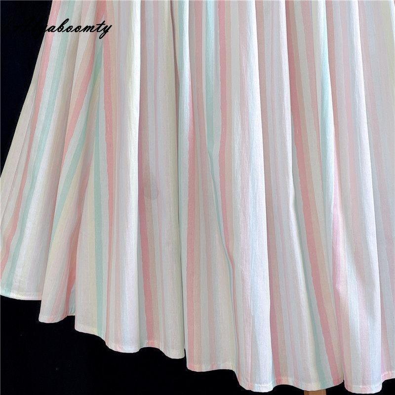 Spring Summer Women Rainbow Feminine Skirt Elastic Waist Pastel Striped Contrast Color Midi Skirt Cotton Soft Stylish Skirts Womens