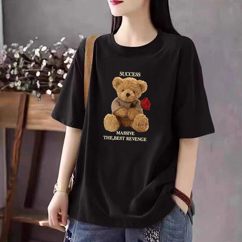 

Big Sale Leak Detection Export Export 100% Pure Cotton Fashion Short Sleeve T-shirt Female Summer Plus Size Plus Size Ladies Slim Looking Loose Tops Black Rose Bear] M