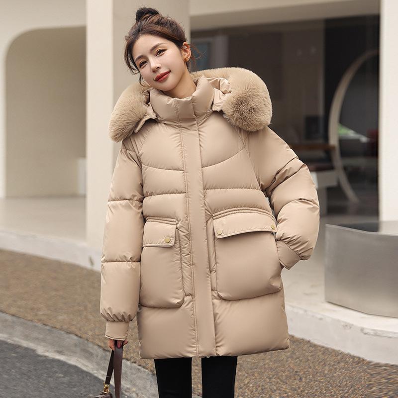 Winter Women's Mid-length Loose Cotton-padded Jacket with Large Fur Collar and Down Jacket
