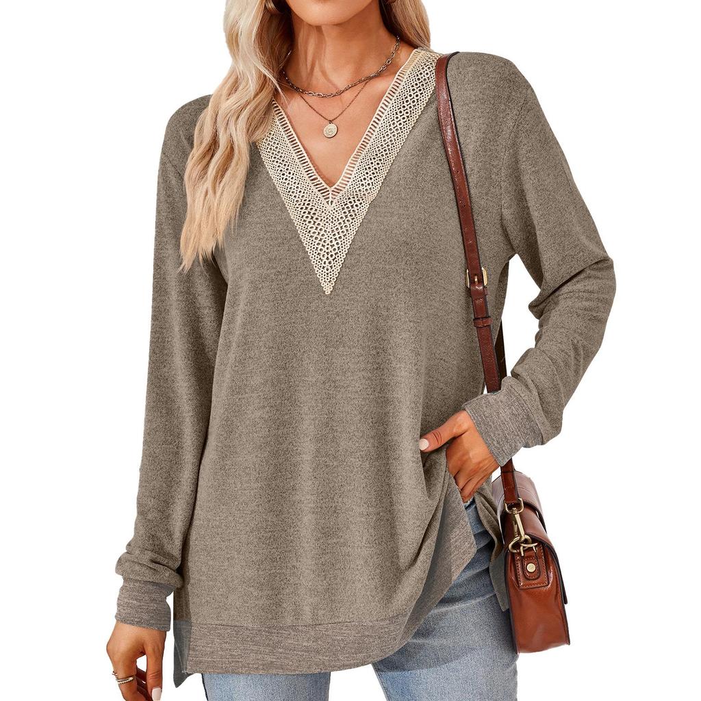 Herbst und Winter Damenbluse mit V-Ausschnitt, Spitze, einfarbig, lockere Langarm-Tops