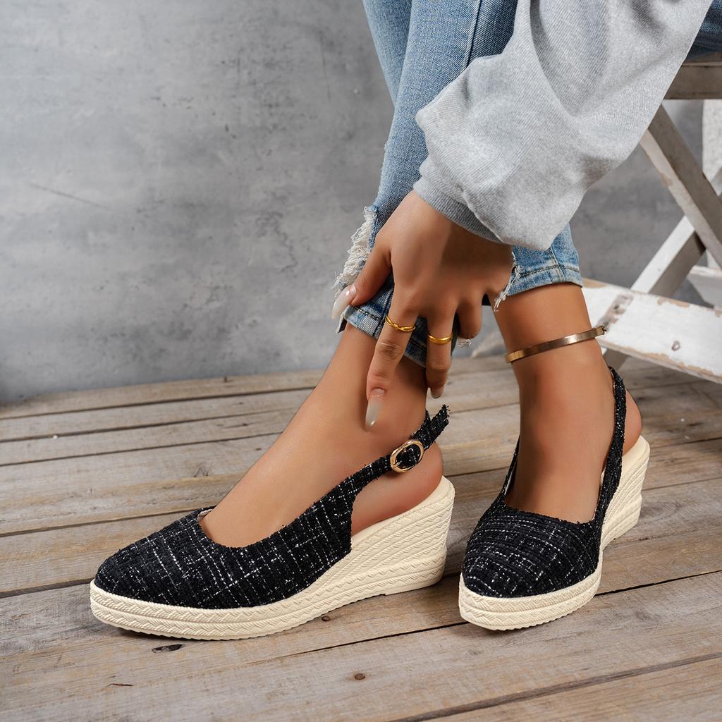 Women's Platform Wedge Heel Mules - Closed Toe Backless Sandals with Jute Rope Sole, Chunky Heel Spring Shoes