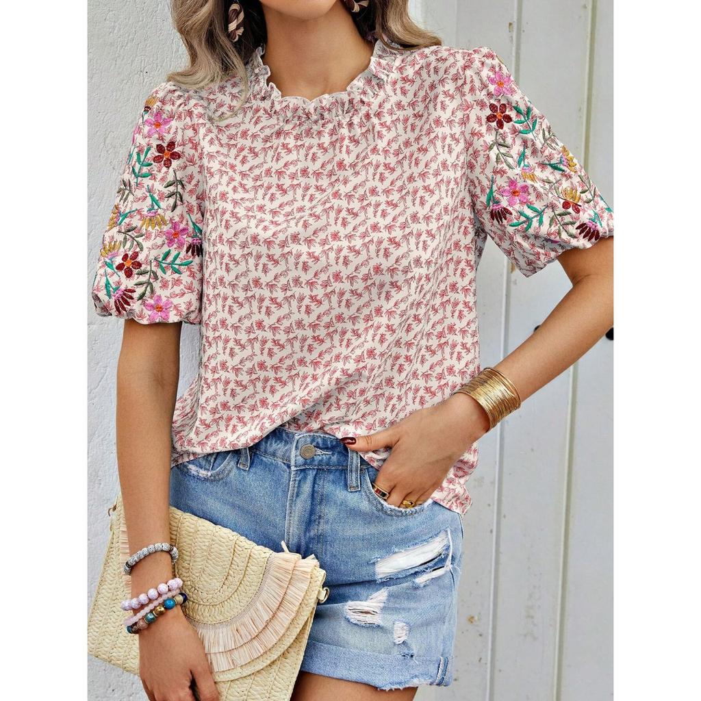 IHUASU Damen Sommer Bestickt Bedruckt Schnalle Welle Hoher Kragen Kurz Farbpassendes Top