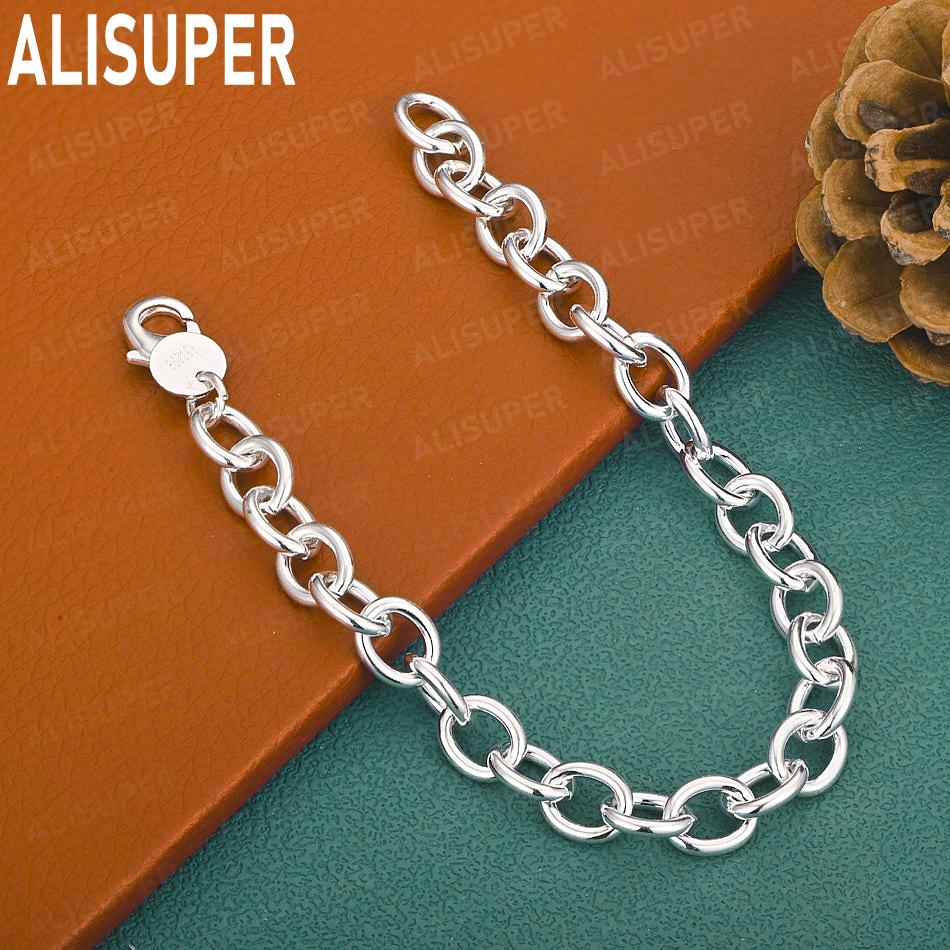 925 Sterling Silver Widened Oval Interlocking Ring Bracelet - Exquisite Gift Jewelry 20cm