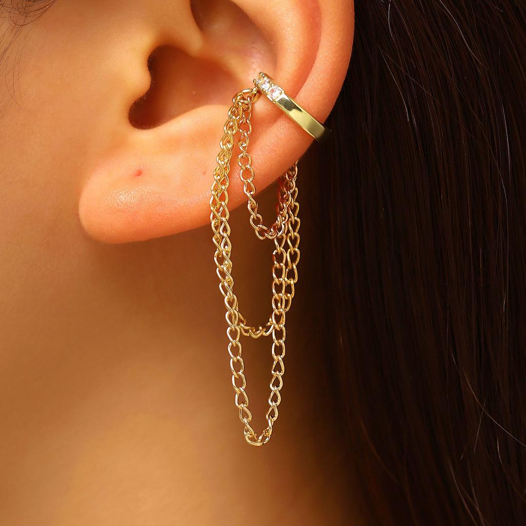 Chain Cuff Drop Earring Multi Layer Silver Tone Statement Jewelry