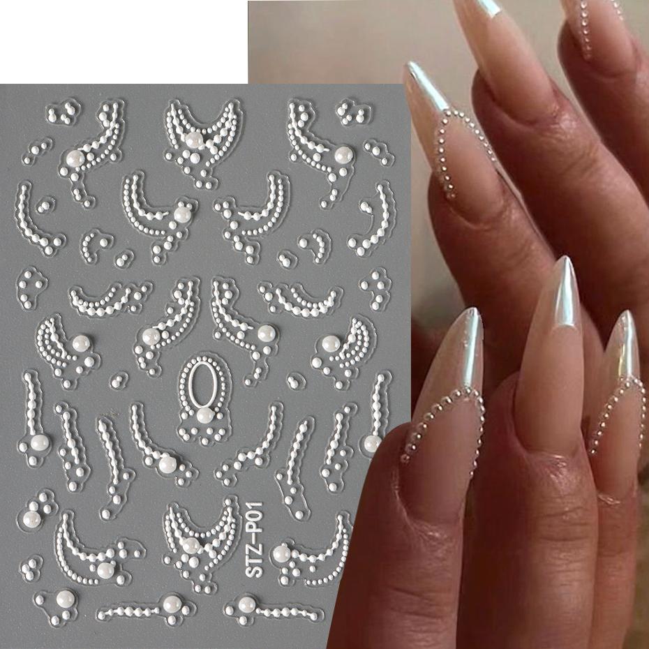 Weiße 5D-Simulationsperlen-Wellenlinien-Nagelkunstaufkleber, elegante, exquisite Nageldekorationsaufkleber, selbstklebende Transferschieber-Maniküre