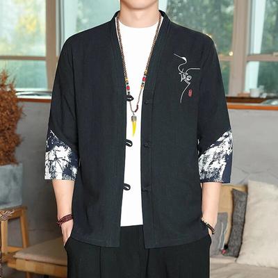 Men Chinese Style Shirts Mens Tops Tang Suit Linen 3/4 Sleeve Solid Traditional Kung Fu China Type Hanfu Shirt Male Loose Tops