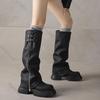 Fashion Women Knee High Boots Female Platform Thick Heel Black Trouser Boots Belt Buckle Pleated Stacked Female Autumn Fashion Shoes