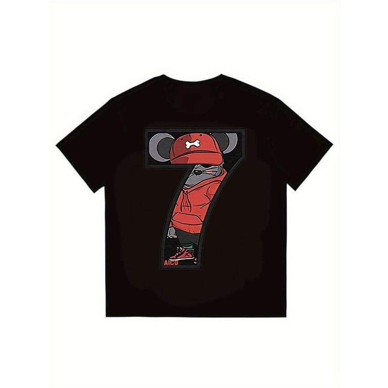 

Black T Shirt with Mouse Style Character in Red Hoodie and Number 7 Design AICB Logo Print for Casual Streetwear Fashion XXXXL