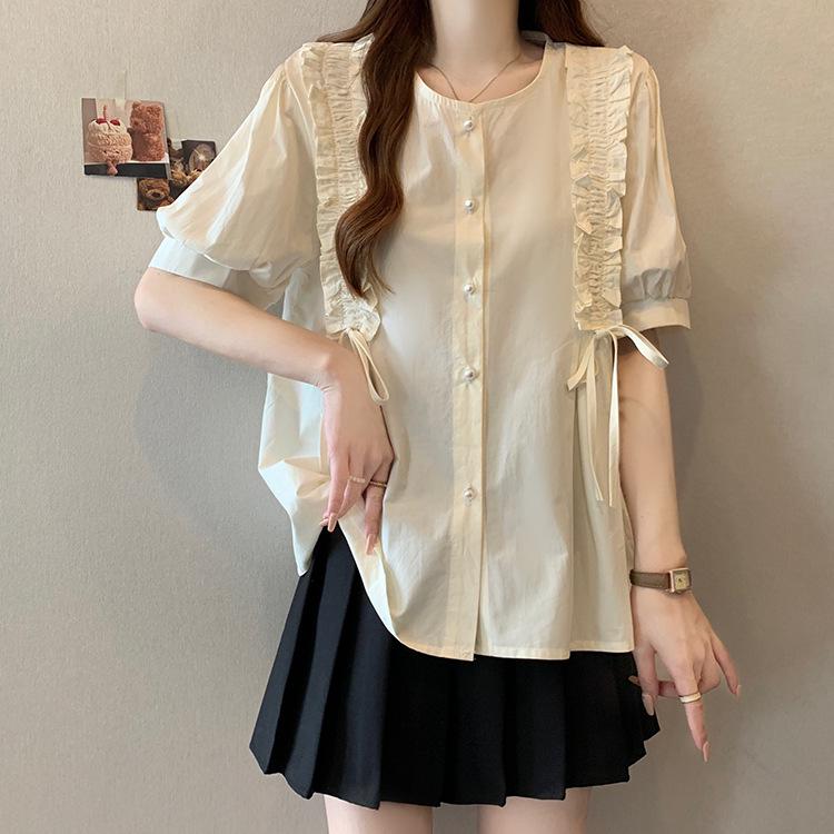 Plus Size Korean Ruffle Lace Puff Sleeve Summer Doll Shirt for Women - Loose, Slimming, Unique Design