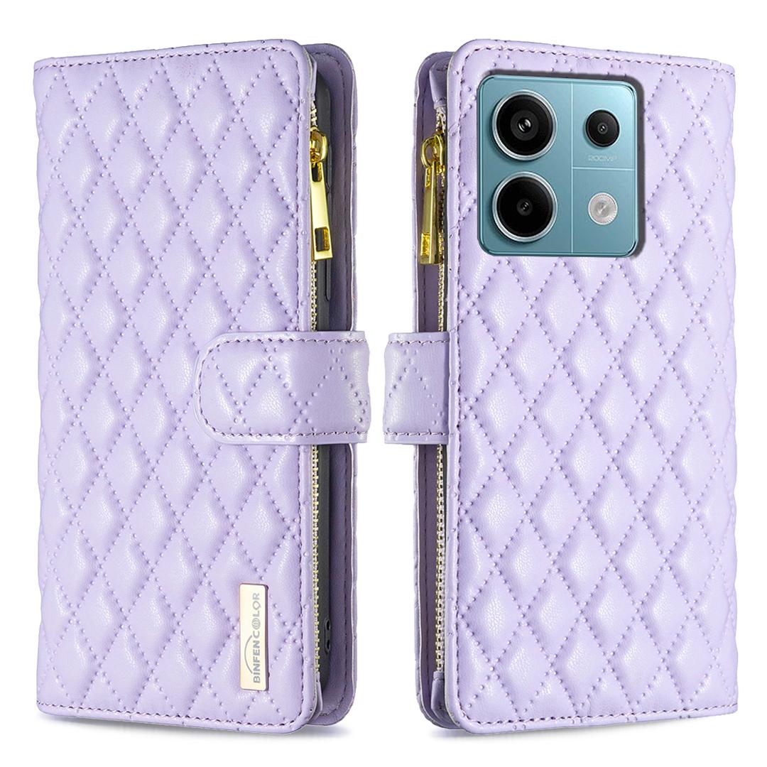 

BINFEN COLOR BF Style-15 For Xiaomi Redmi Note 13 Pro 5G/Poco X6 5G Zipper Pocket Case Leather Rhombus Phone Cover Purple