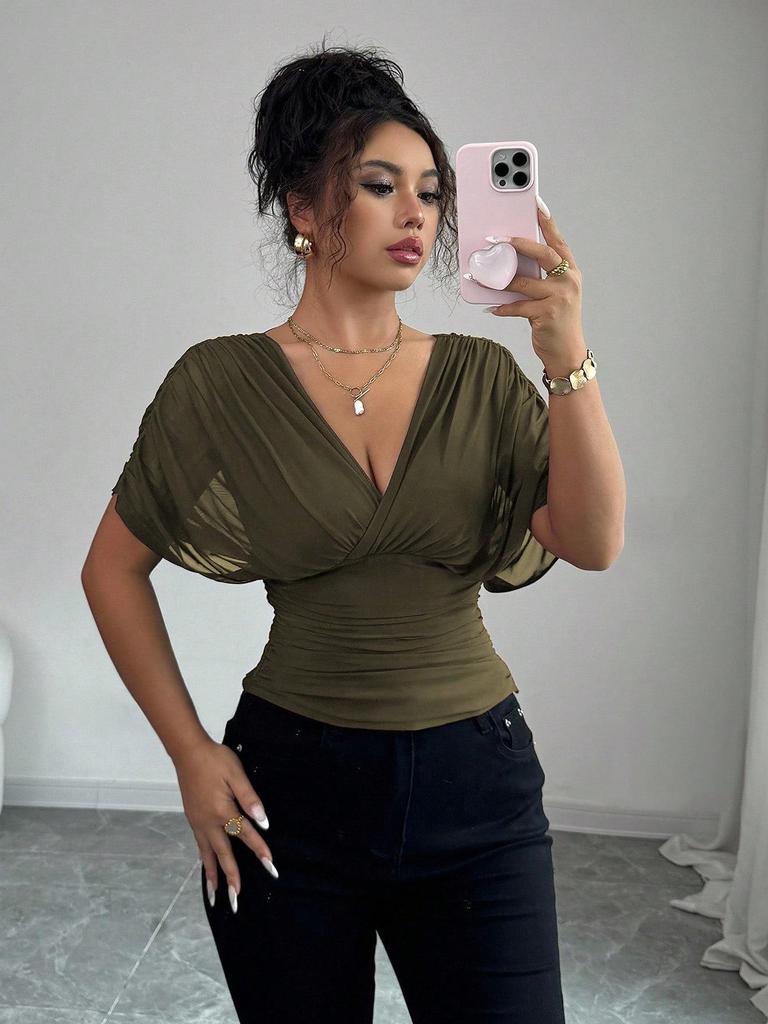 European and American Fashion Deep V-neck Puff Sleeve Fitted Waist Women's Top