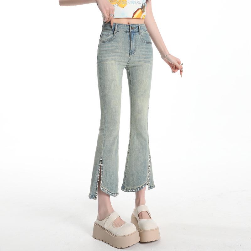 

2025 Women s High-Waisted Elastic Nine-Point Flared Jeans with Bead-Edged Splits for a Slimming Summer Look 2XL
