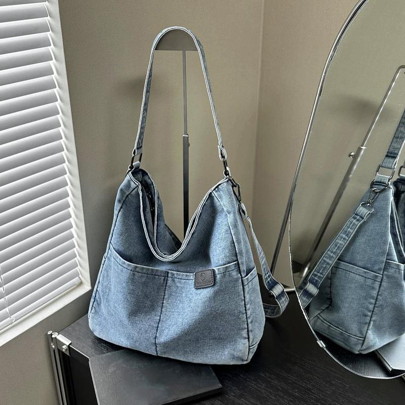 Vintage Denim Shoulder Bag Women's Large Capacity Messenger Bag Multi-pockets Satchel Adjustable Strap Ladies Crossbody Bag AVE