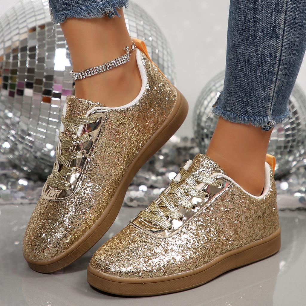 Fashion 2025 Women's Sneakers Luxury Sequined Casual Shoes Fashion Outdoor Vulcanized Shoes for Women Lace Up Flats Zapatillas De Mujer