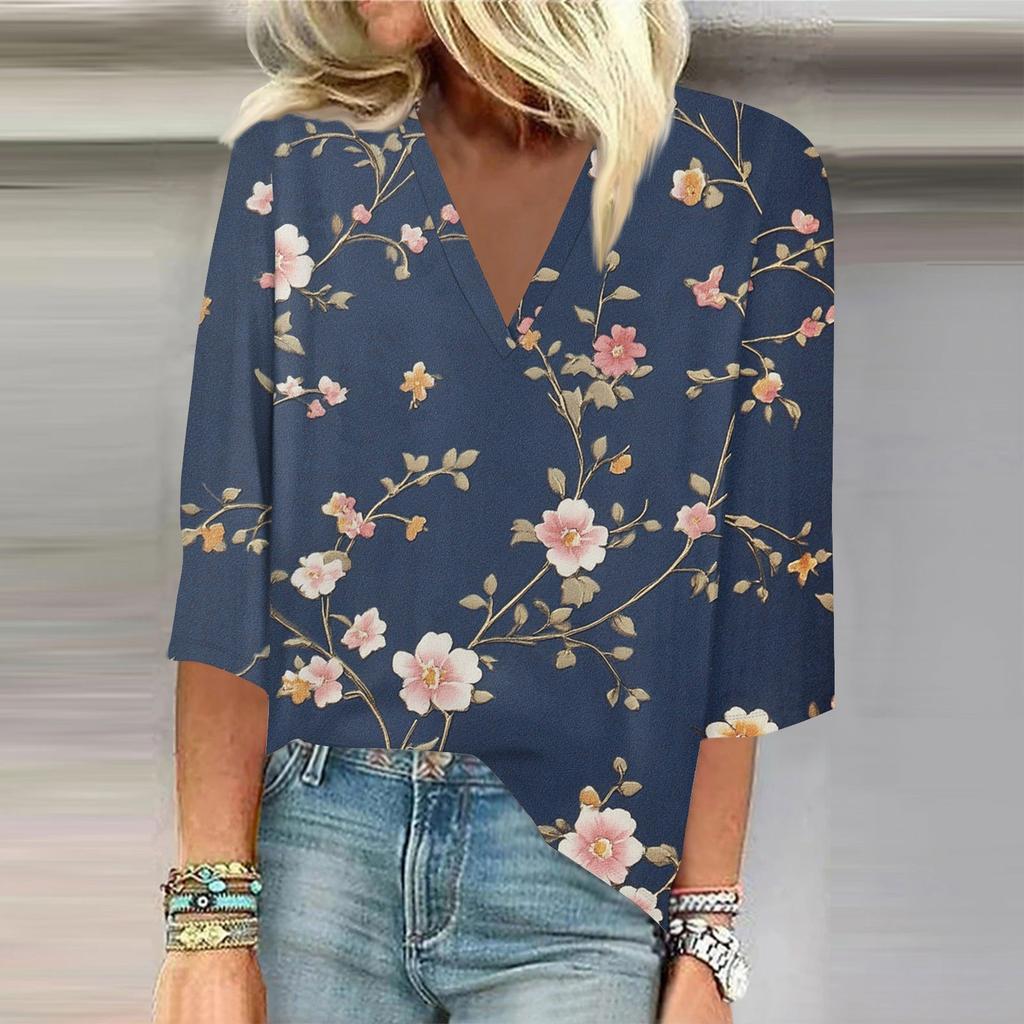 Dámska košeľa Blúzka Voľné košele s 3/4 rukávom Potlač V Neck Topy Topy s potlačou Tričká Tričká