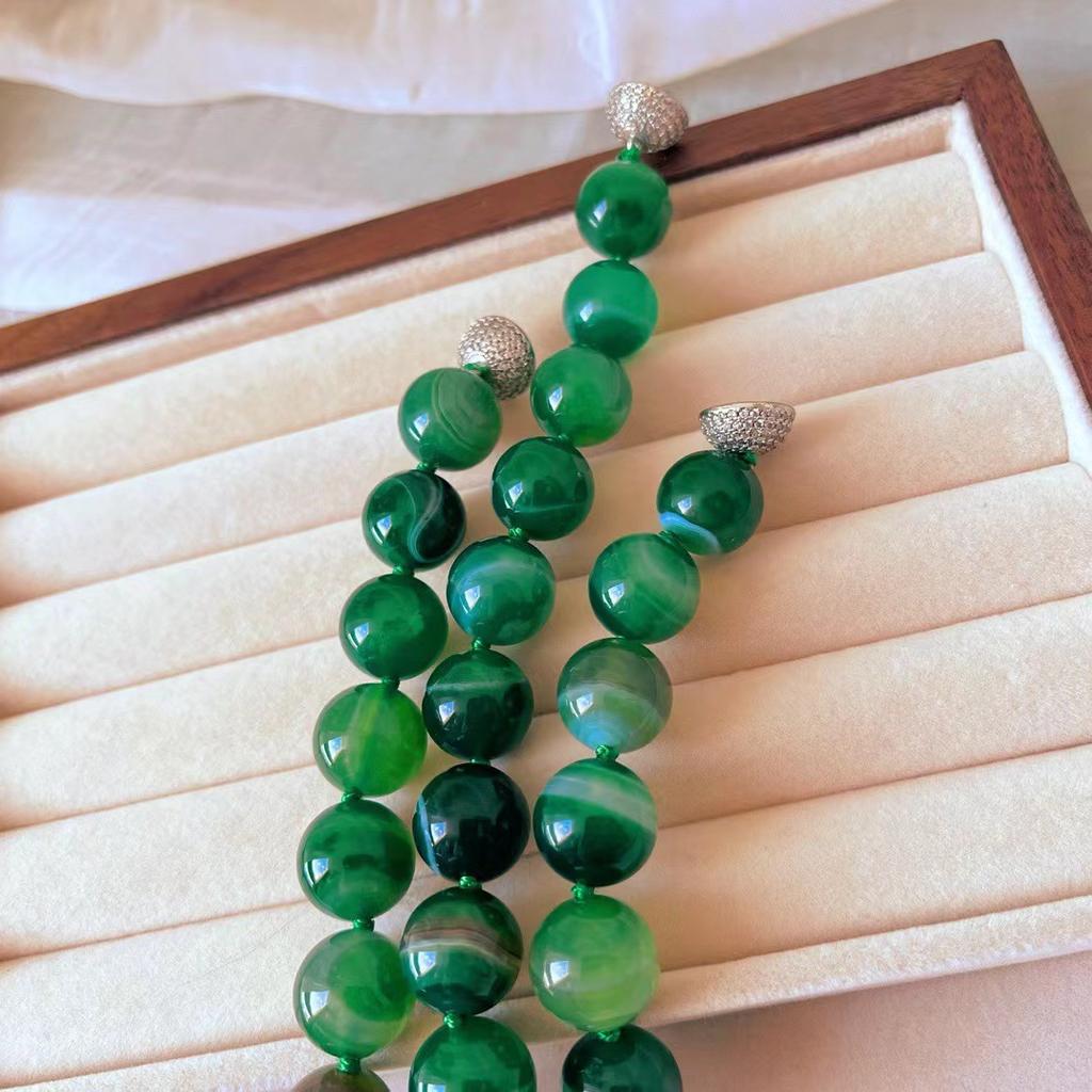 National Style Jadeite Color Large Particles 14Mm Natural Green Chalcedony Agate Necklace Women'S Atmosphere Basic Beads