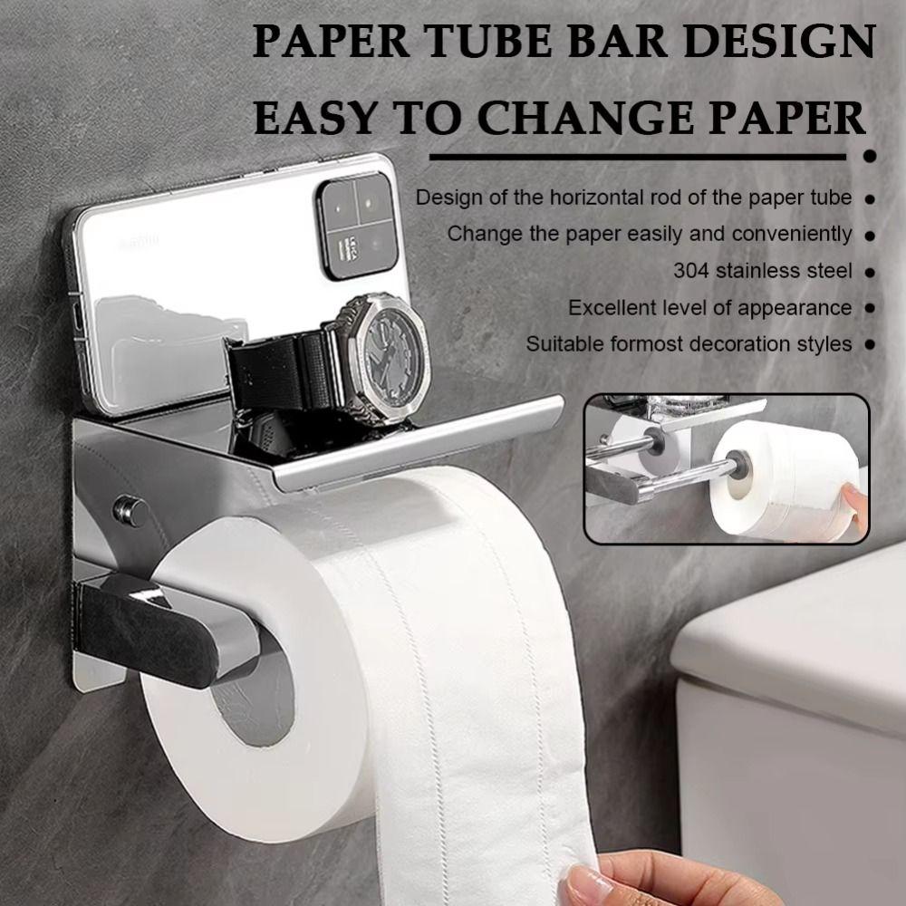 With Phone Holder Paper Towel Stand Wall Mounted Floating Paper Shelf Toilet Paper Holder  Bathroom
